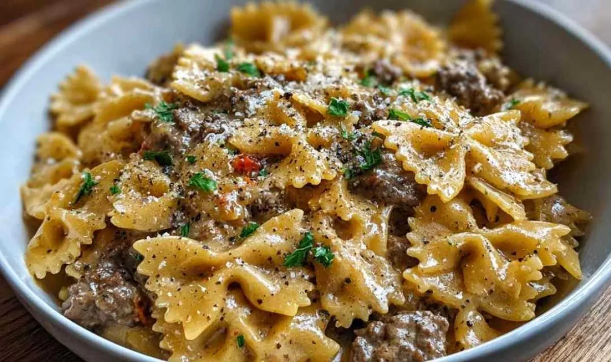 Creamy Parmesan Garlic Beef Bowtie Pasta: Easy One-Pot Comfort Food in 30 Minutes