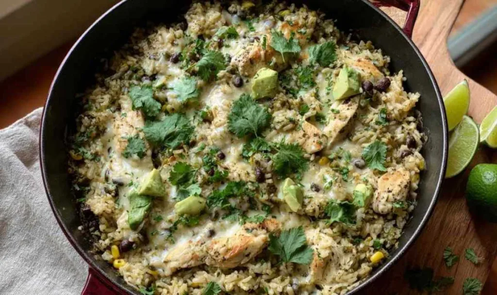Salsa verde chicken rice skillet in a large pan topped with melted cheese and fresh cilantro