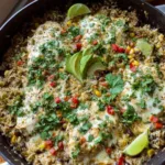Salsa verde chicken rice skillet in a large pan topped with melted cheese and fresh cilantro
