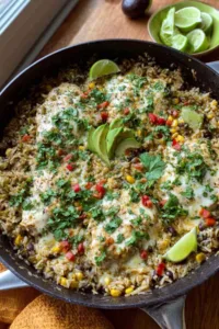 Salsa verde chicken rice skillet in a large pan topped with melted cheese and fresh cilantro