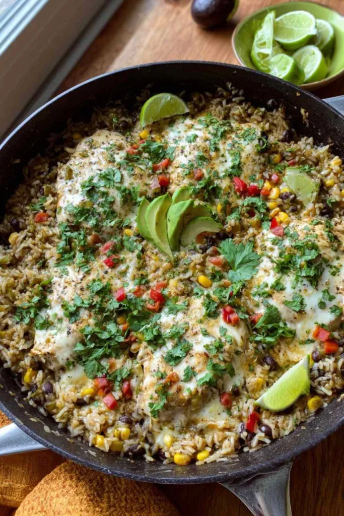 Salsa verde chicken rice skillet in a large pan topped with melted cheese and fresh cilantro