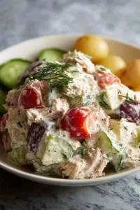 Tuna and white bean salad with lemon vinaigrette in white bowl garnished with fresh parsley