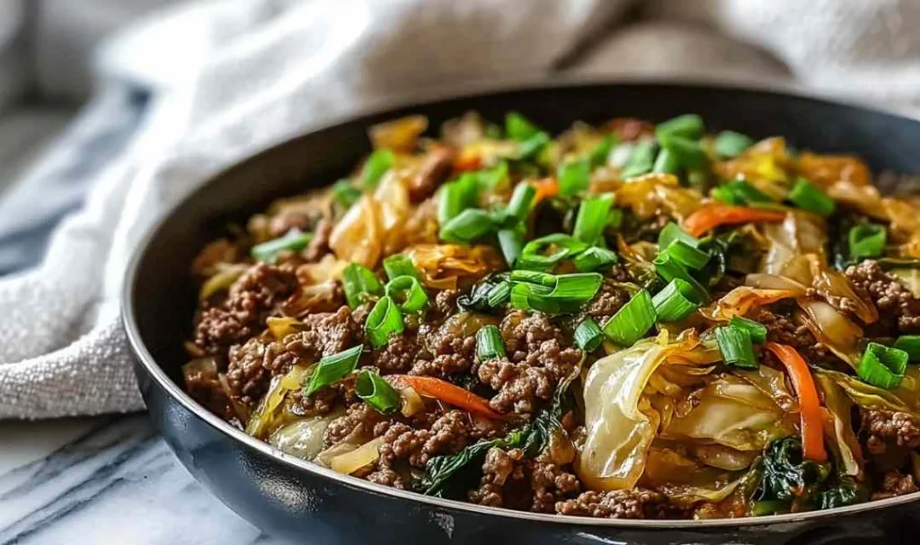 Asian-inspired beef and cabbage skillet in cast iron pan with sesame seeds and green onions