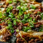Asian-inspired beef and cabbage skillet in cast iron pan with sesame seeds and green onions