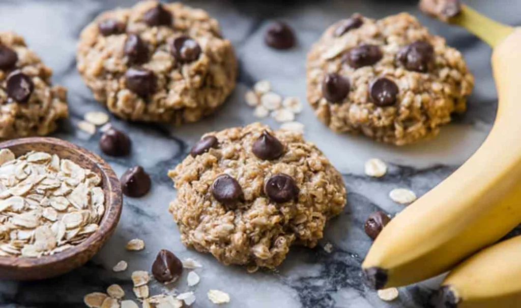 Stack of Banana Oatmeal High Protein Breakfast Cookies with chocolate chips