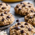 Stack of Banana Oatmeal High Protein Breakfast Cookies with chocolate chips