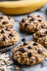 Stack of Banana Oatmeal High Protein Breakfast Cookies with chocolate chips