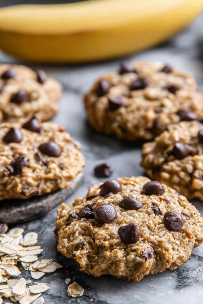 Stack of Banana Oatmeal High Protein Breakfast Cookies with chocolate chips