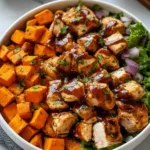 BBQ Chicken Sweet Potato Bowl with avocado and black beans