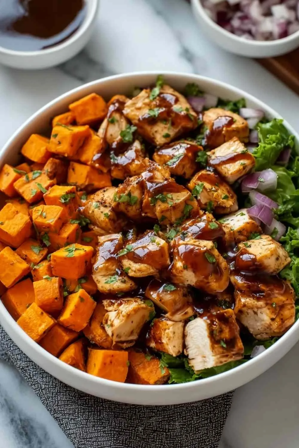 BBQ Chicken Sweet Potato Bowl with avocado and black beans