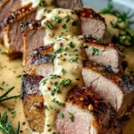 Sliced beef tenderloin with Dijon cream sauce on white plate with herbs
