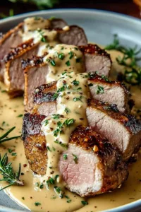 Sliced beef tenderloin with Dijon cream sauce on white plate with herbs