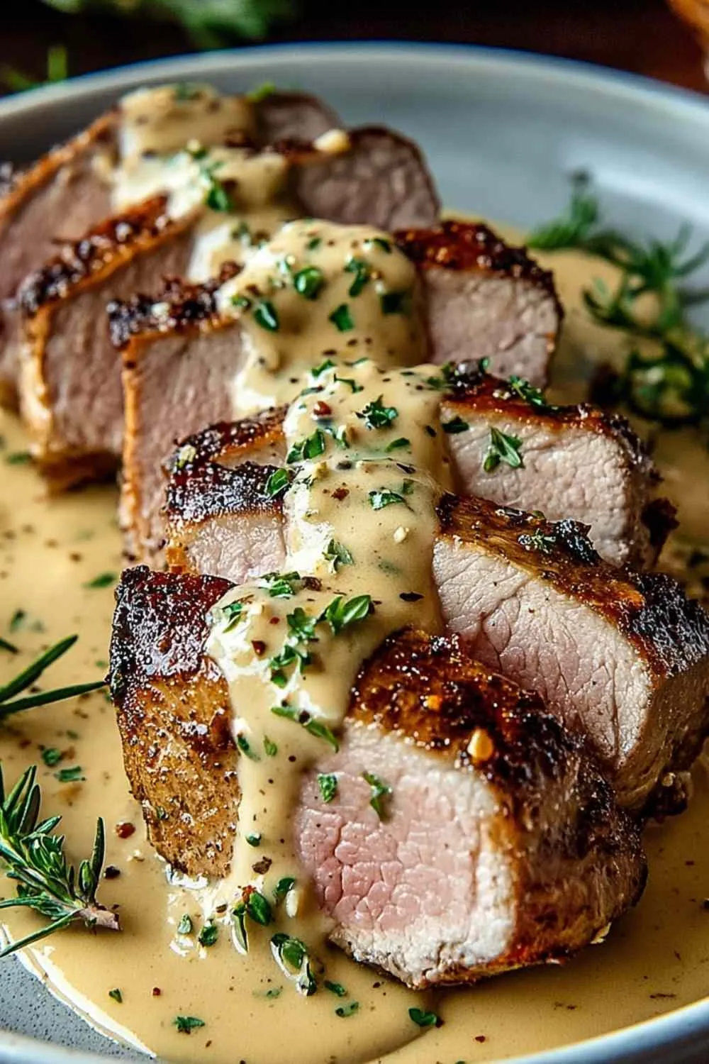 Sliced beef tenderloin with Dijon cream sauce on white plate with herbs