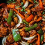 Black pepper chicken stir fry with colorful bell peppers in a glossy black pepper sauce