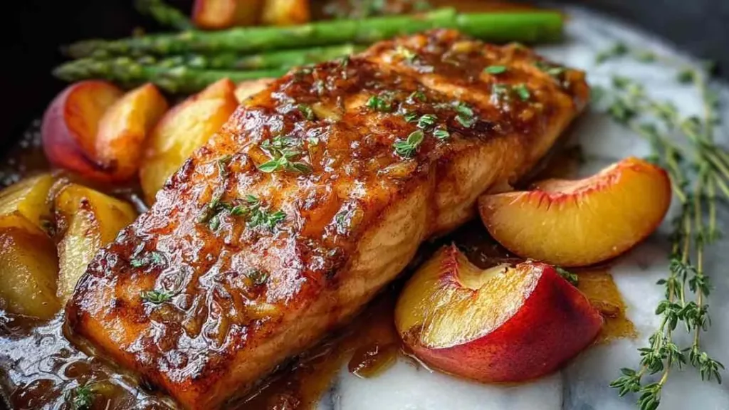 Bourbon peach roasted salmon with caramelized glaze and fresh peach slices in cast iron skillet