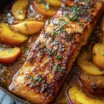 Bourbon peach roasted salmon with caramelized glaze and fresh peach slices in cast iron skillet