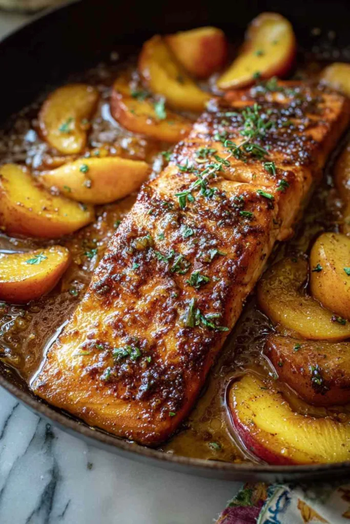 Bourbon peach roasted salmon with caramelized glaze and fresh peach slices in cast iron skillet