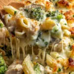 Chicken and broccoli Alfredo bake in baking dish with golden melted Parmesan cheese