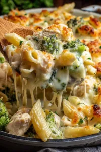 Chicken and broccoli Alfredo bake in baking dish with golden melted Parmesan cheese