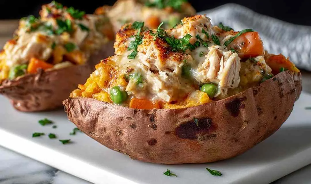 CHICKEN POT PIE STUFFED SWEET POTATOES