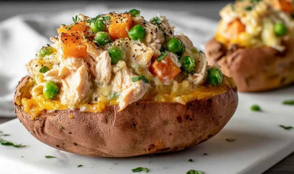 Chicken Pot Pie Stuffed Sweet Potatoes on white plate with fresh herbs