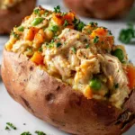 Chicken Pot Pie Stuffed Sweet Potatoes on white plate with fresh herbs
