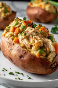 Chicken Pot Pie Stuffed Sweet Potatoes on white plate with fresh herbs