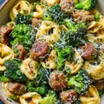 Creamy garlic parmesan tortellini with sausage and broccoli in a large skillet