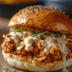 Cajun Chicken Sloppy Joes on toasted bun with melted cheese and crispy fries