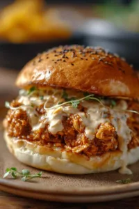 Cajun Chicken Sloppy Joes on toasted bun with melted cheese and crispy fries