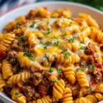 Cheesy taco pasta baked in a casserole dish with melted cheddar and Monterey Jack cheese on top