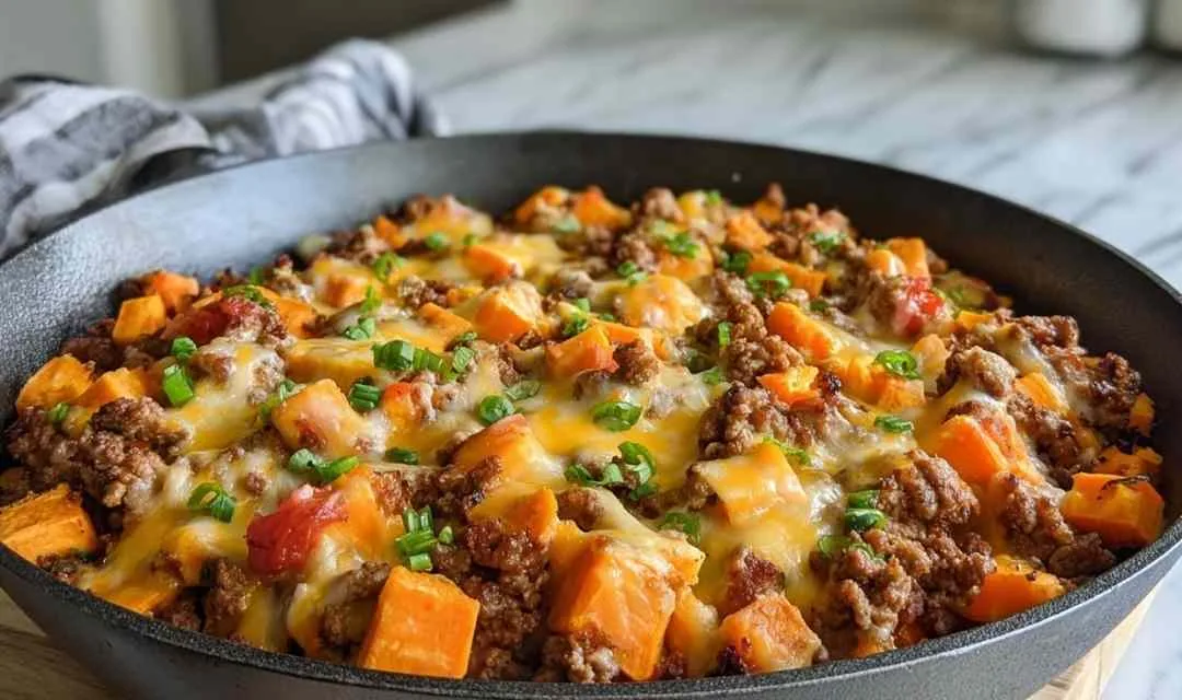 Cheesy Tex-Mex Ground Beef Sweet Potato Skillet