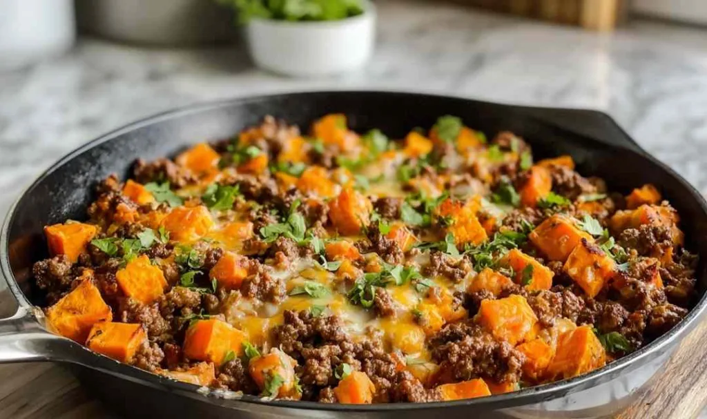 Cheesy Tex-Mex Ground Beef Sweet Potato Skillet