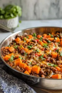 Cheesy Tex-Mex Ground Beef Sweet Potato Skillet