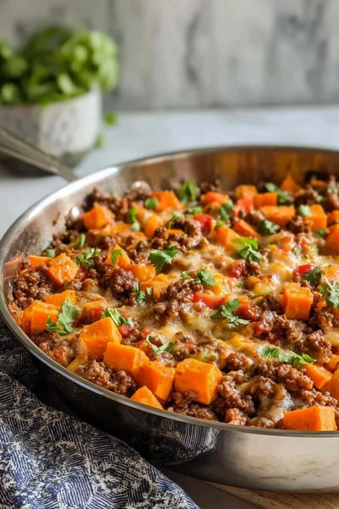 Cheesy Tex-Mex Ground Beef Sweet Potato Skillet