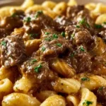 reamy garlic beef pasta served on white plate with fresh parsley garnish