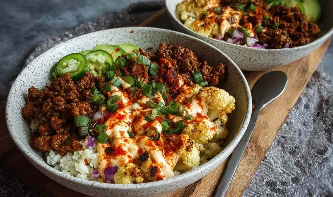Crispy Chile Ground Beef and Cauliflower Protein Bowls