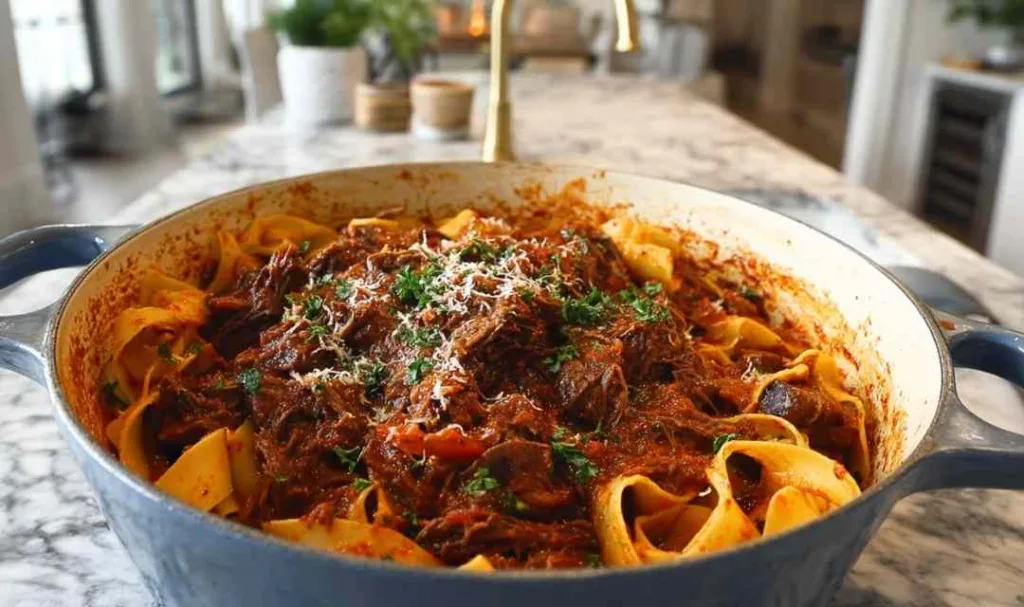 Dutch oven short rib ragu with pappardelle pasta topped with parmesan cheese
