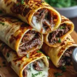 French dip tortilla roll ups with au jus dipping sauce