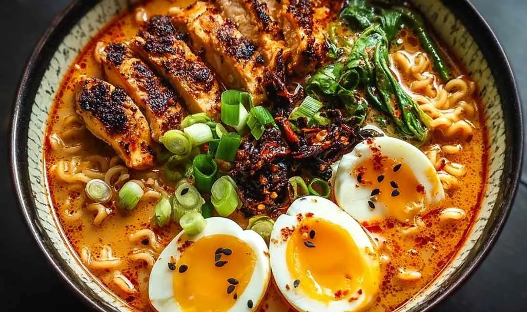 Fiery Chicken Ramen with Creamy Garlic Sauce