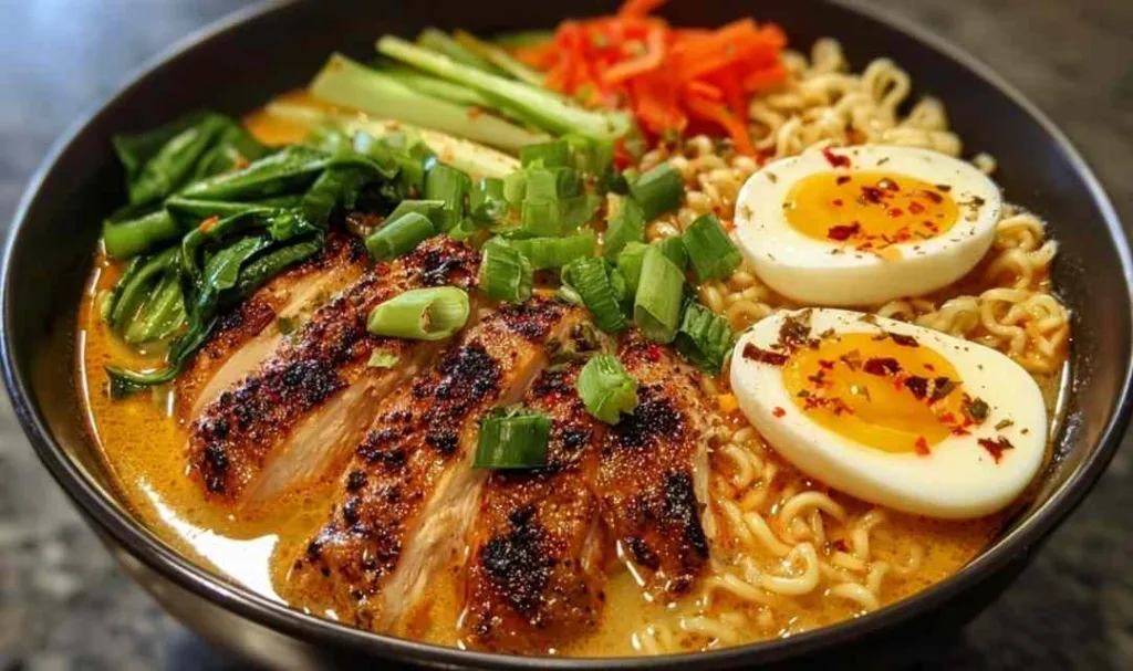 Fiery Chicken Ramen with Creamy Garlic Sauce
