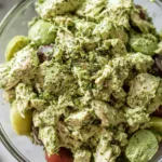Green Goddess Chicken Salad in white bowl topped with fresh herbs