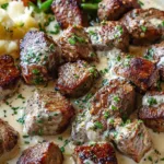 Garlic butter steak bites in a skillet with rich parmesan cream sauce