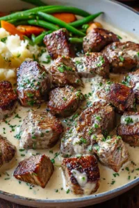 Garlic butter steak bites in a skillet with rich parmesan cream sauce