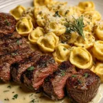 Garlic butter steak with cheesy alfredo tortellini on dinner plate