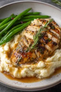 Garlic herb chicken with mashed potatoes and green beans on a white dinner plate with golden gravy