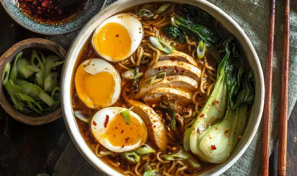 Gluten free ramen noodles in white bowl with chicken, soft boiled egg, and fresh vegetables
