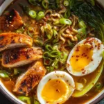 Gluten free ramen noodles in white bowl with chicken, soft boiled egg, and fresh vegetables