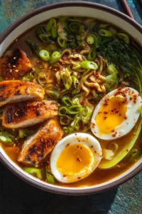 Gluten free ramen noodles in white bowl with chicken, soft boiled egg, and fresh vegetables