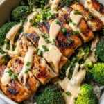 Grilled chicken broccoli bowls with creamy garlic sauce on white plate